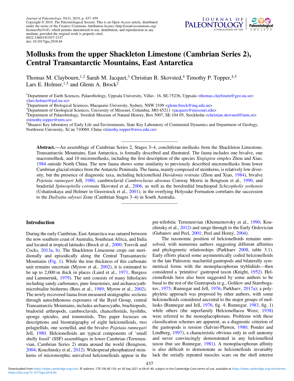 Mollusks from the Upper Shackleton Limestone (Cambrian Series 2), Central Transantarctic Mountains, East Antarctica