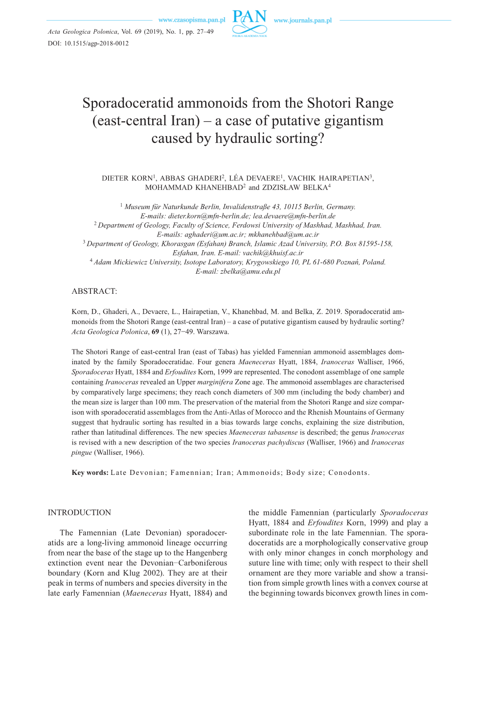 Sporadoceratid Ammonoids from the Shotori Range (East-Central Iran) – a Case of Putative Gigantism Caused by Hydraulic Sorting?