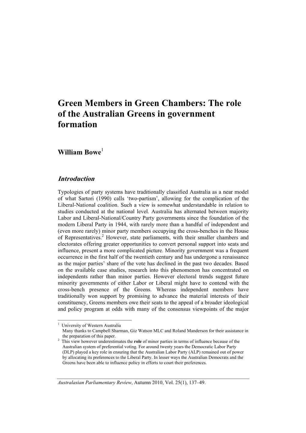 The Role of the Australian Greens in Government Formation