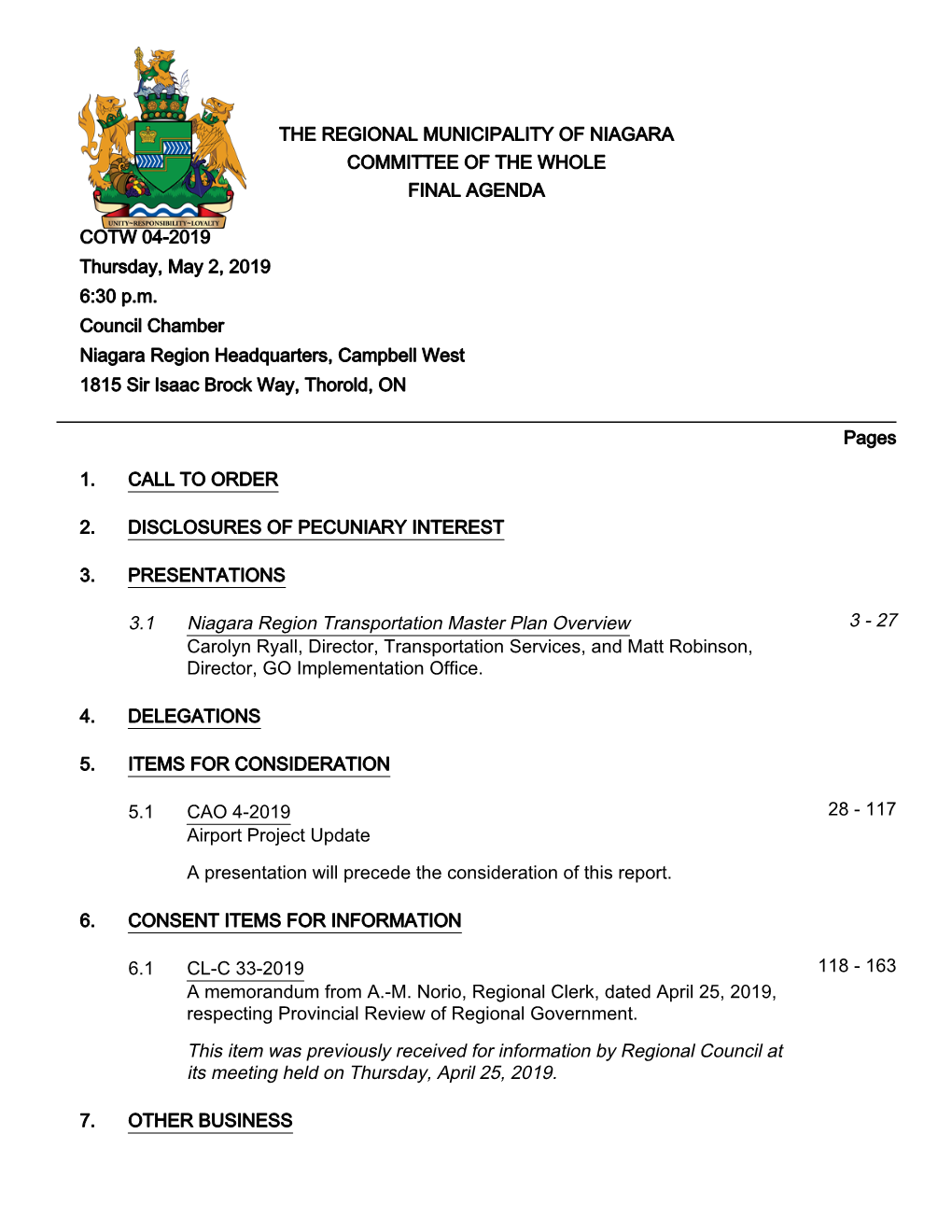 Niagara Committee of the Whole Final Agenda