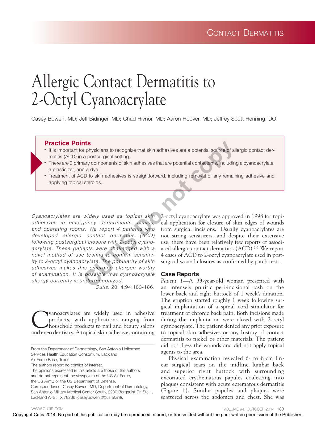 Allergic Contact Dermatitis to 2-Octyl Cyanoacrylate