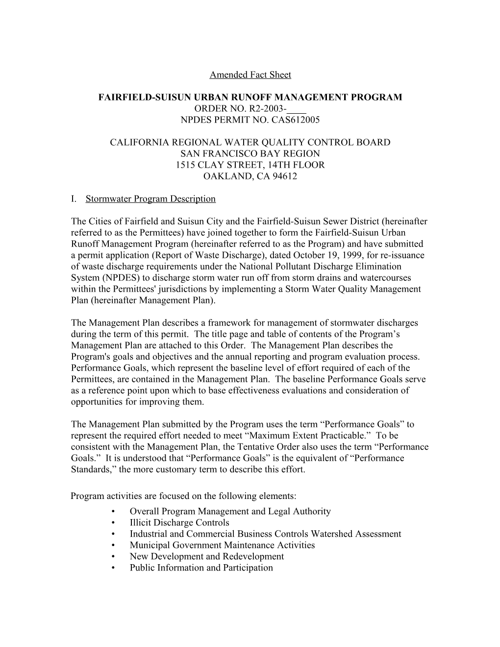 AMENDED FACT SHEET Fairfield-Suisun Urban Management Program Permit