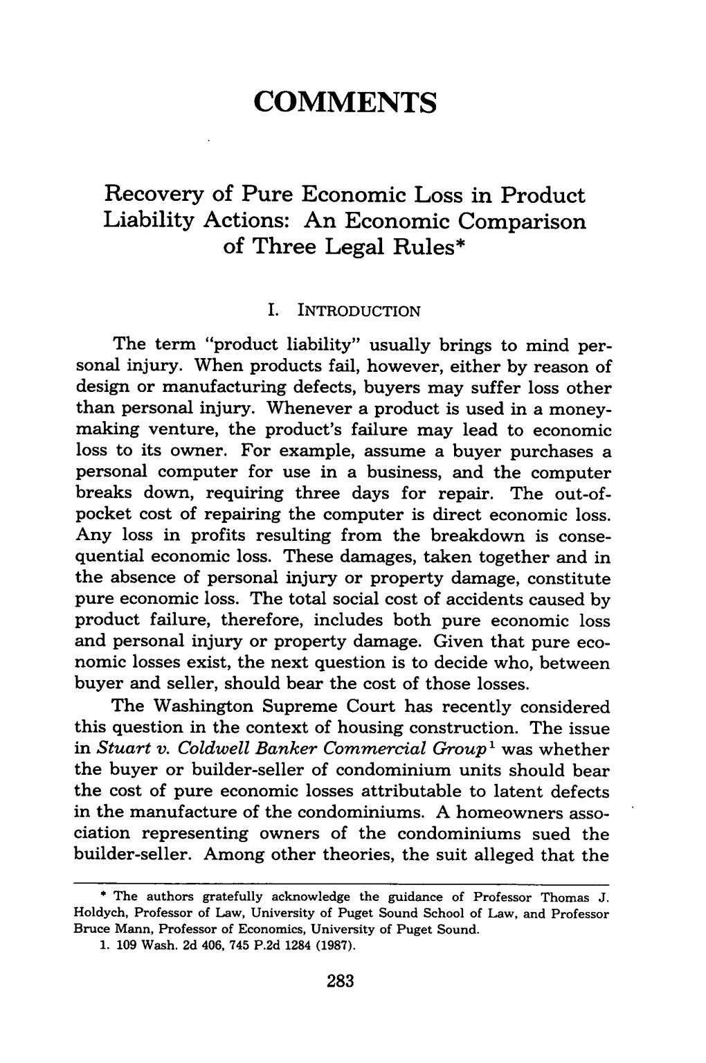 Recovery of Pure Economic Loss in Product Liability Actions: an Economic Comparison of Three Legal Rules*