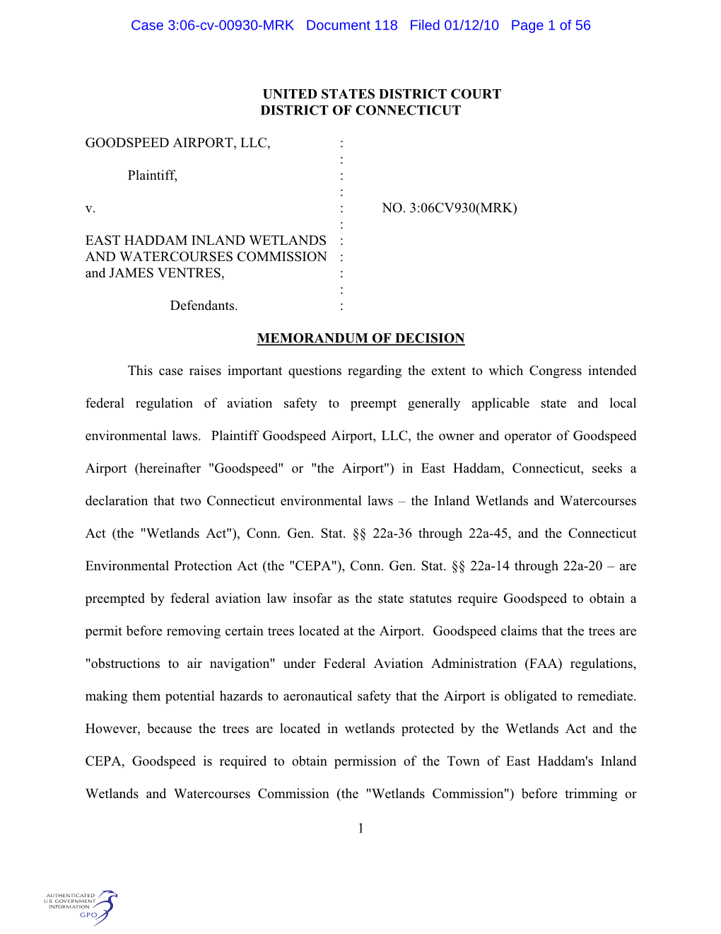 Case 3:06-Cv-00930-MRK Document 118 Filed 01/12/10 Page 1 of 56