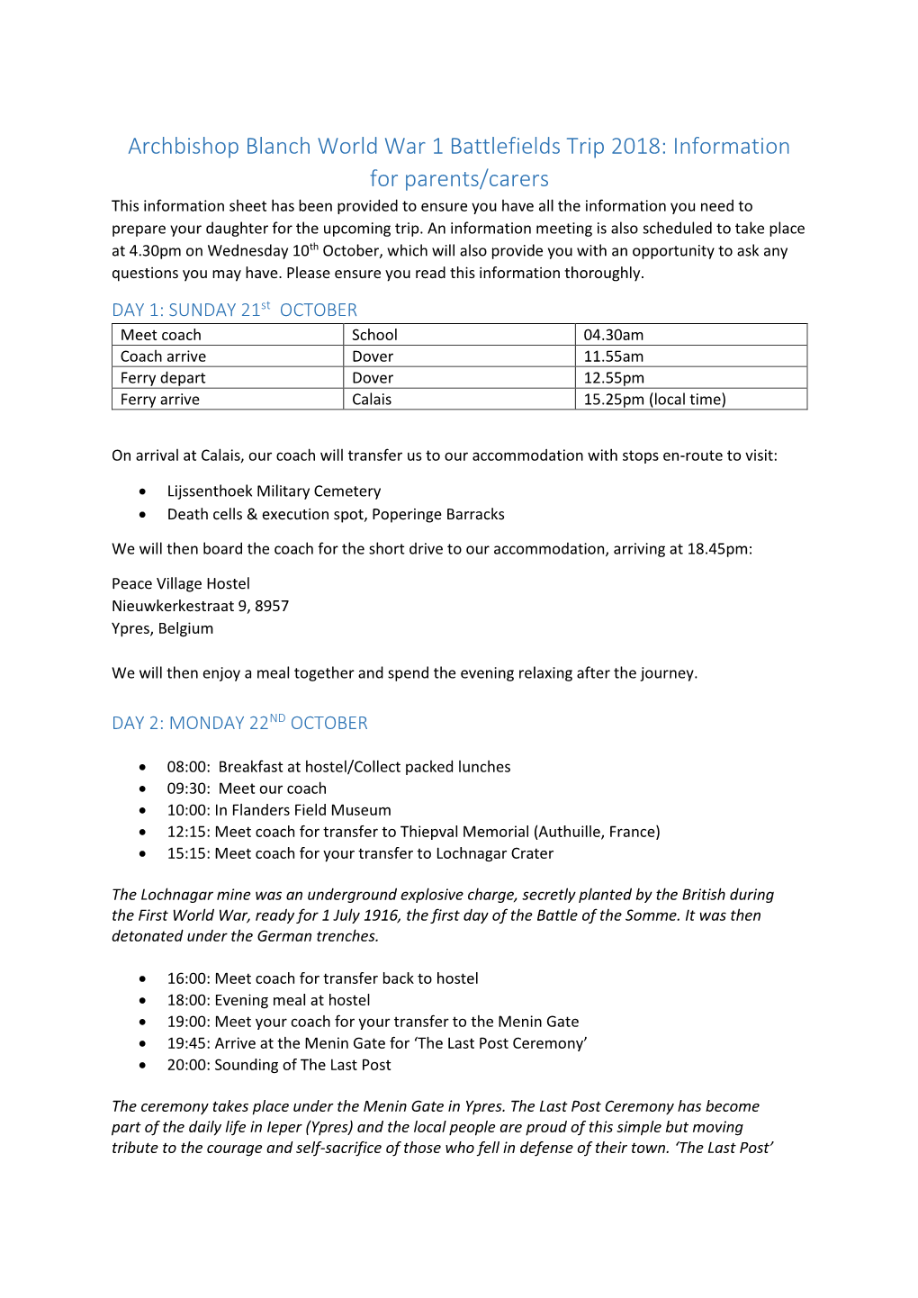 Battlefields Trip Parent Information