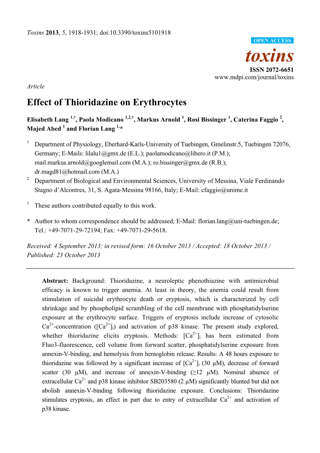 Effect of Thioridazine on Erythrocytes