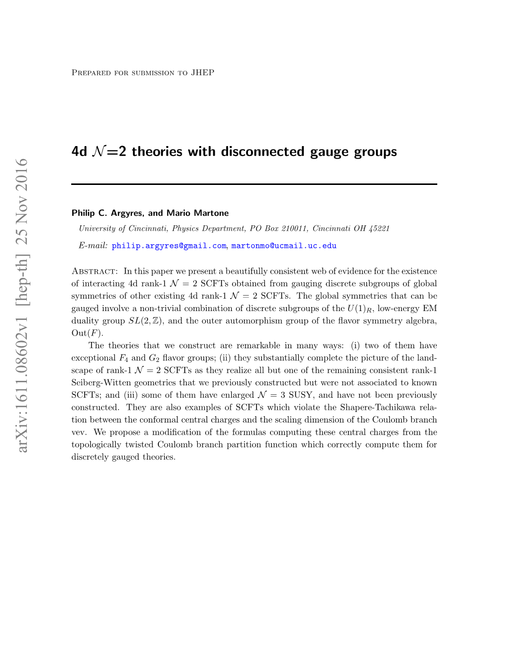 4D $\Mathcal {N} $= 2 Theories with Disconnected Gauge Groups