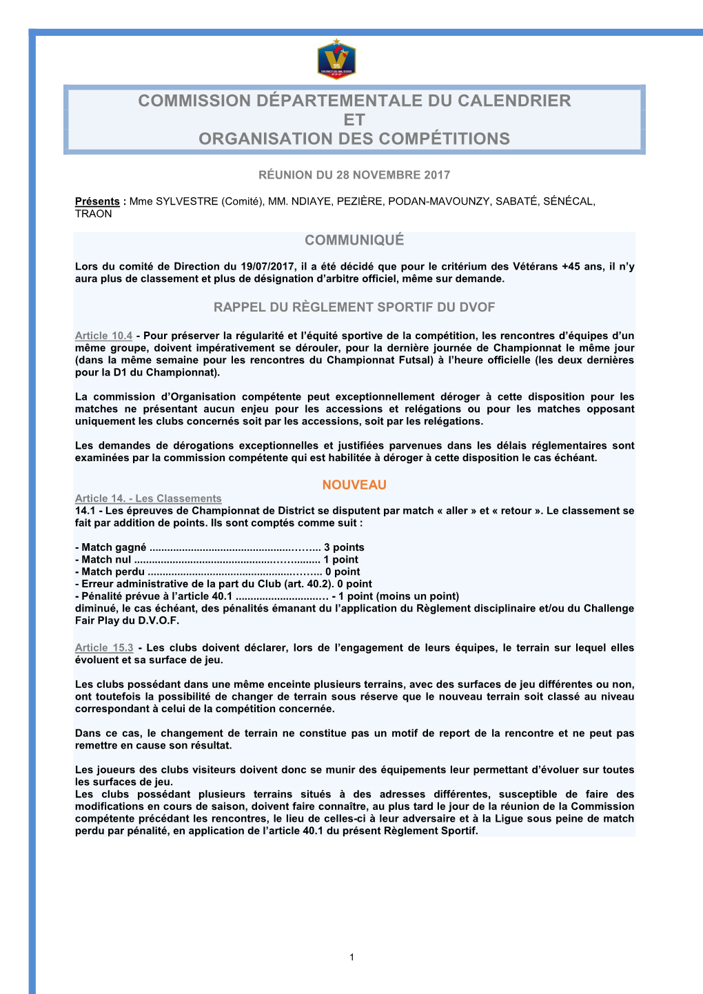 Commission Départementale Du Calendrier Et Organisation Des Compétitions