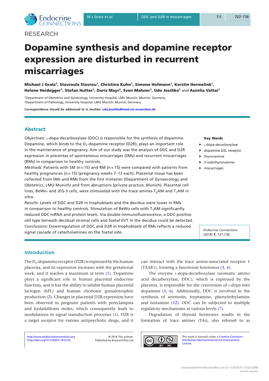 Dopamine Synthesis and Dopamine Receptor Expression Are Disturbed in Recurrent Miscarriages