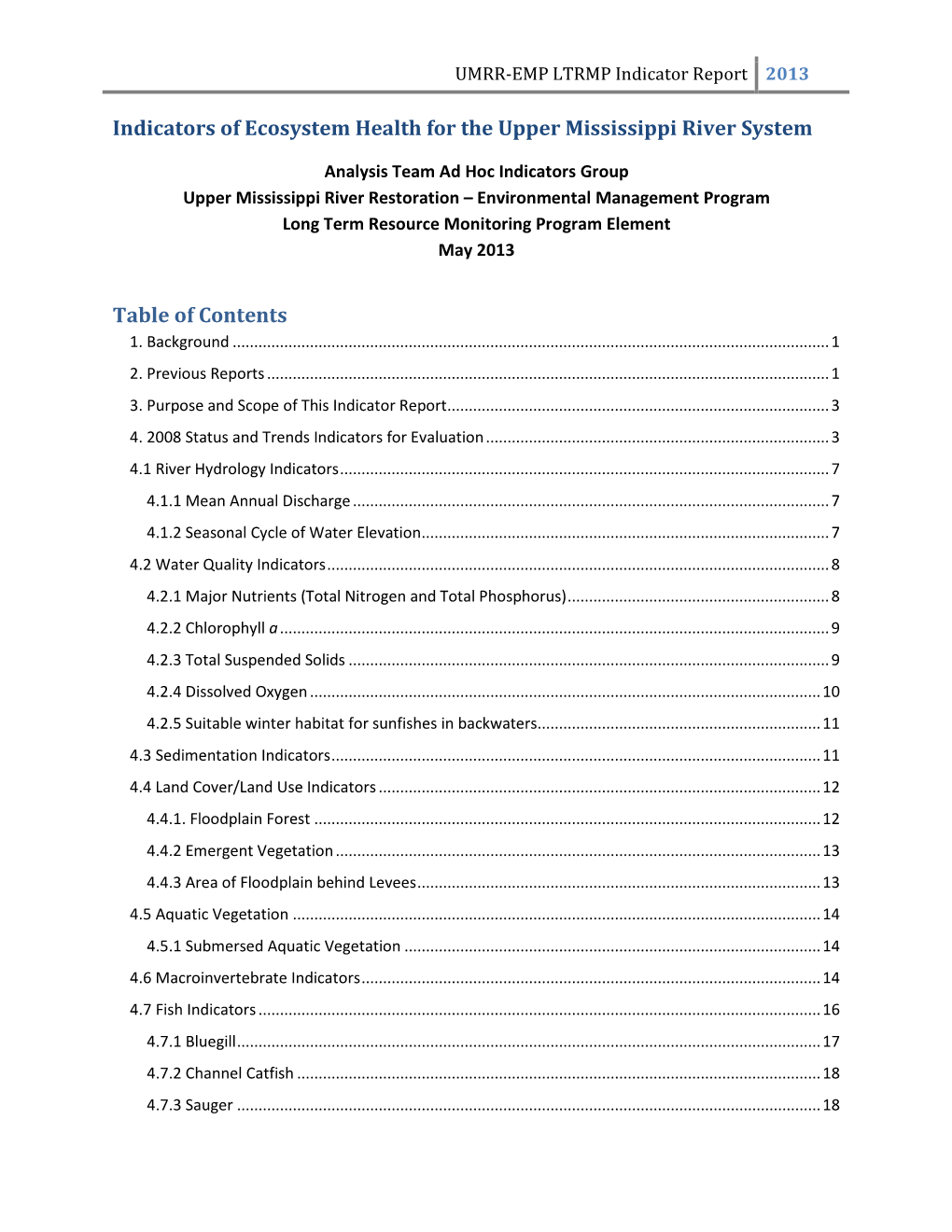 Indicators of Ecosystem Health for the Upper Mississippi River System