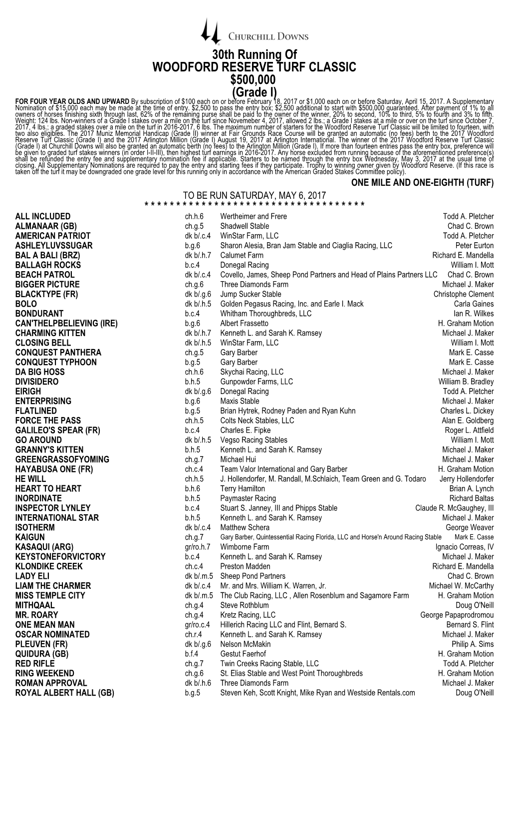 30Th Running of WOODFORD RESERVE TURF CLASSIC $500000