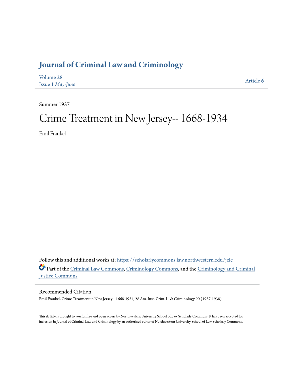 Crime Treatment in New Jersey-- 1668-1934 Emil Frankel