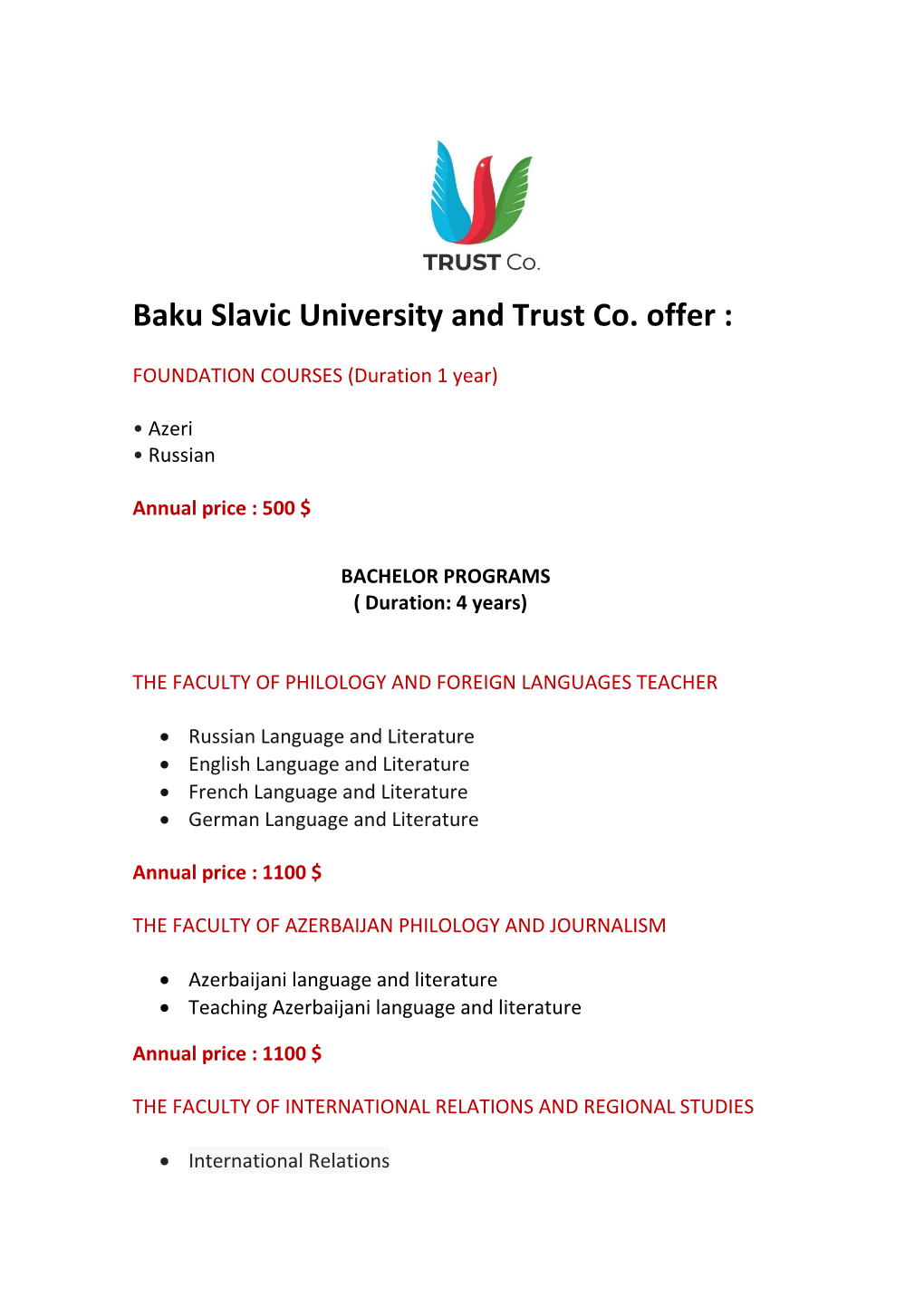 Baku Slavic University and Trust Co. Offer