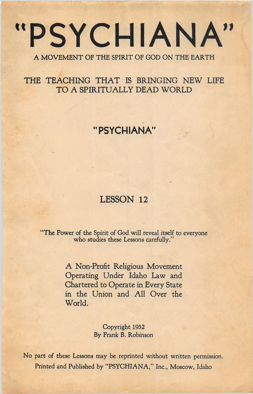 Psychiana” a Movement of the Spirit of God on the Earth