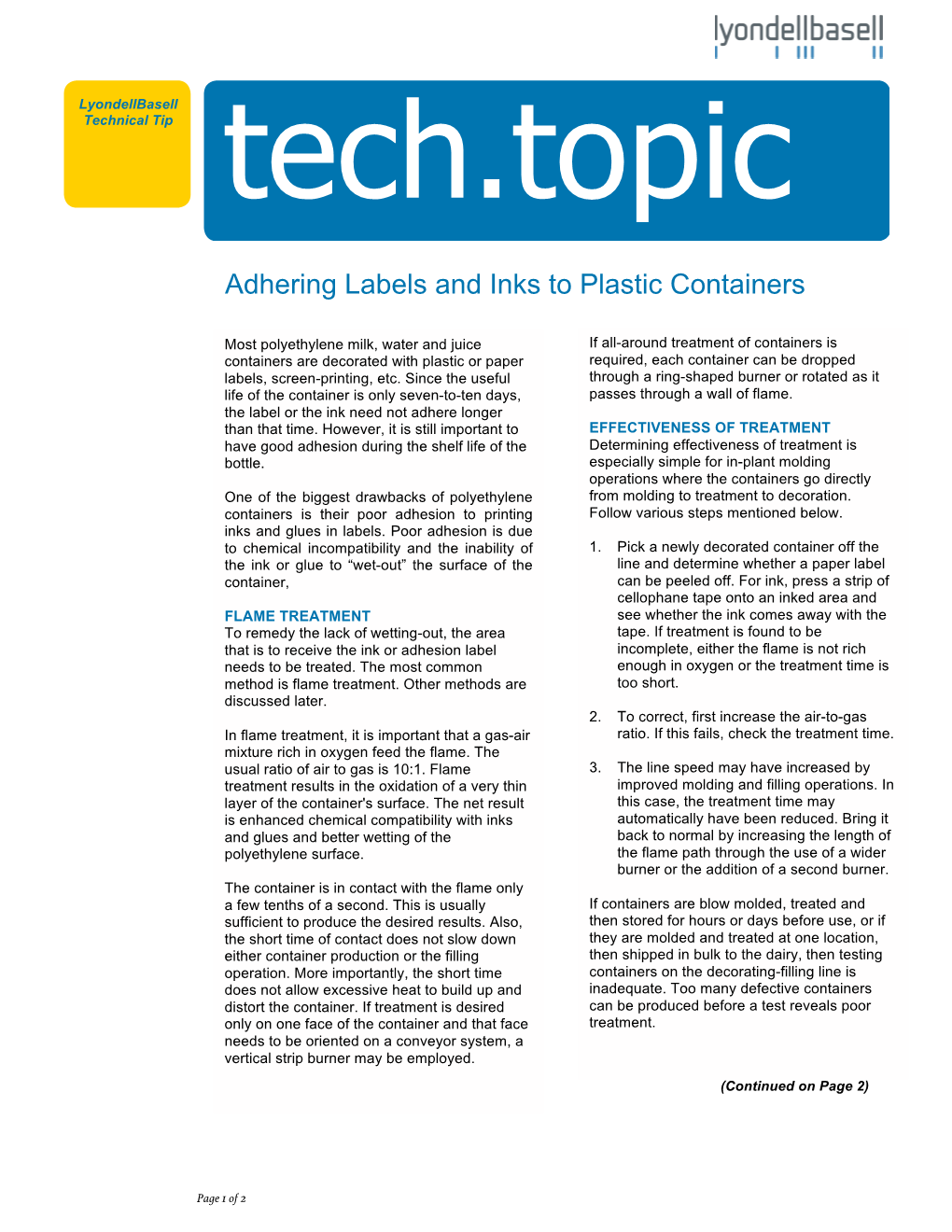 Adhering Labels and Inks to Plastic Containers