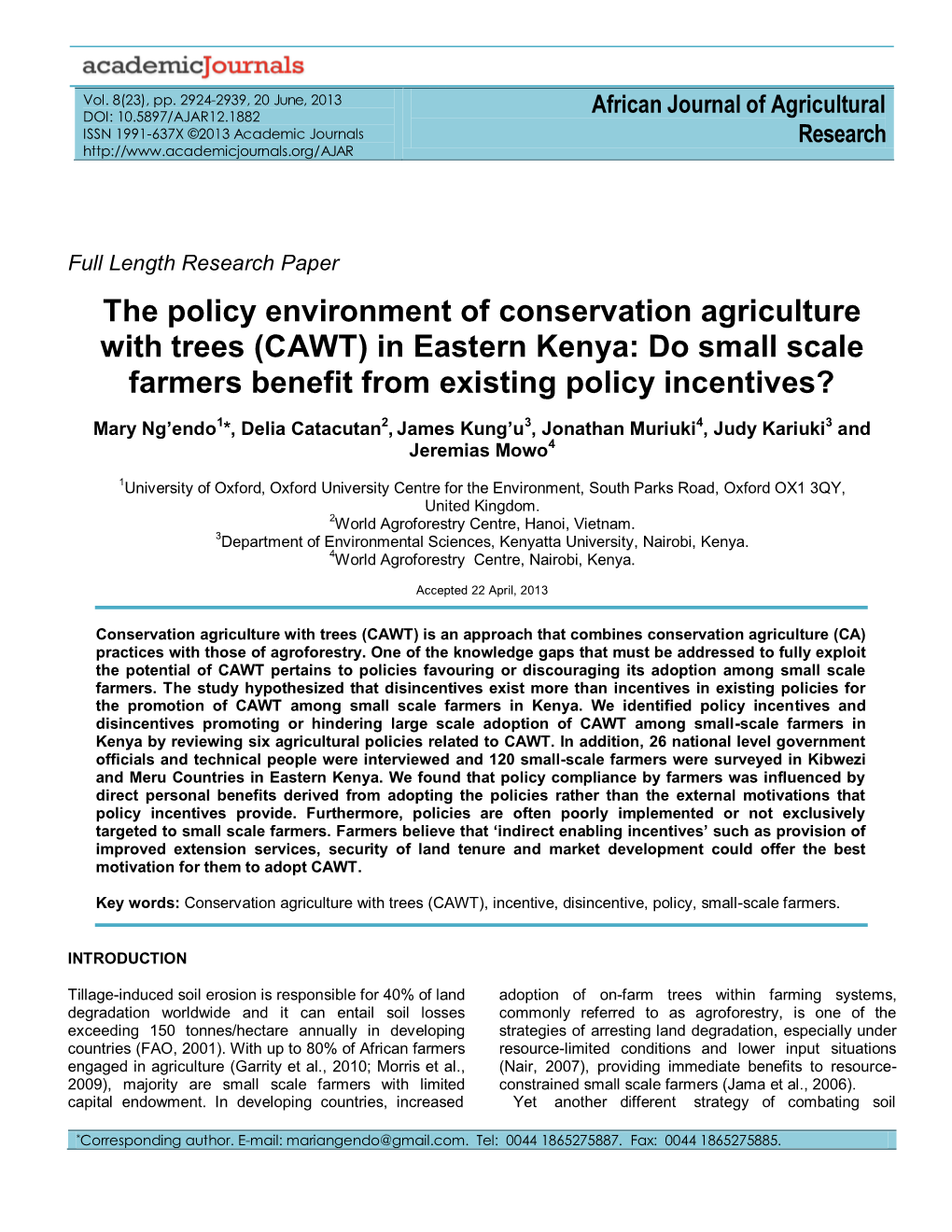 The Policy Environment of Conservation Agriculture with Trees (CAWT) in Eastern Kenya: Do Small Scale Farmers Benefit from Existing Policy Incentives?