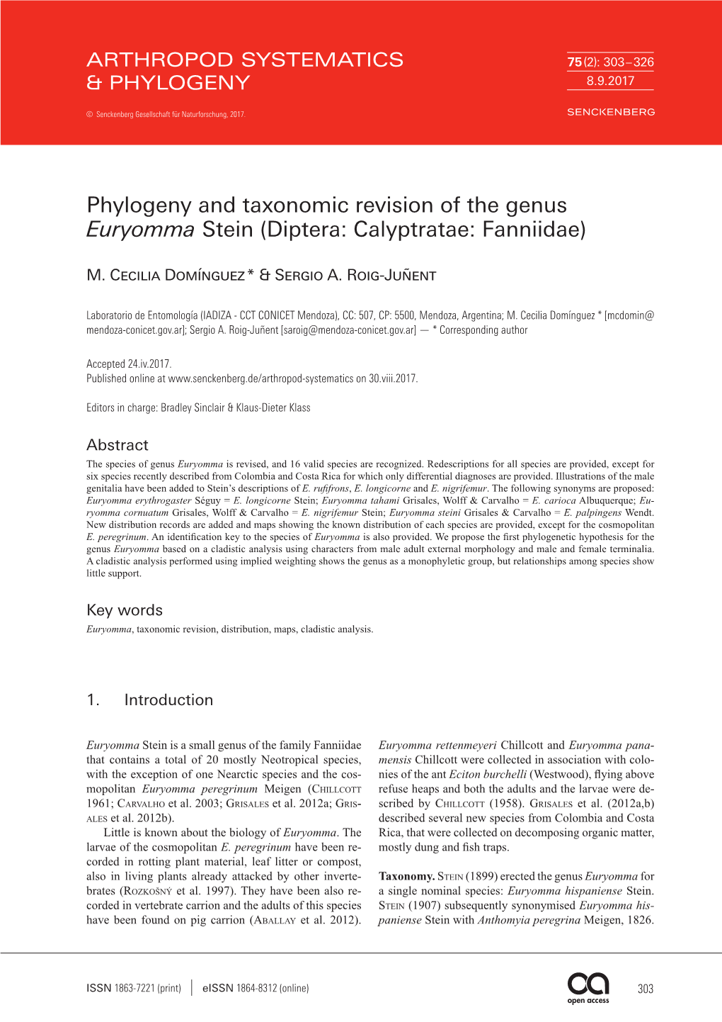 Phylogeny and Taxonomic Revision of the Genus Euryomma Stein (Diptera: Calyptratae: Fanniidae)