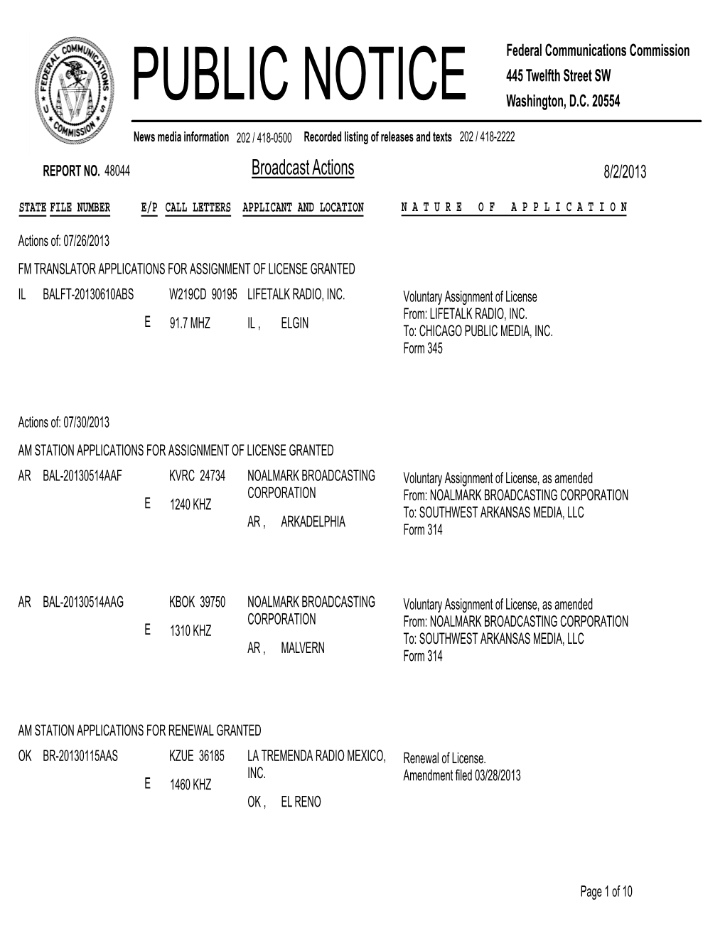 Broadcast Actions 8/2/2013