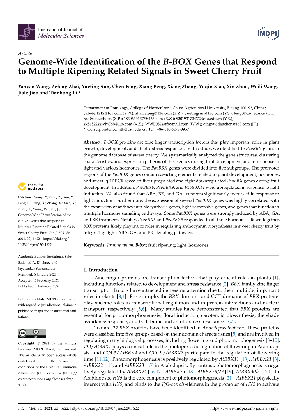 Genome-Wide Identification of the B-BOX Genes That Respond to Multiple Ripening Related Signals in Sweet Cherry Fruit