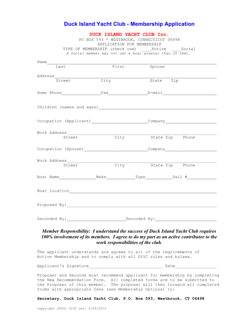 Duck Island Yacht Club - Membership Application