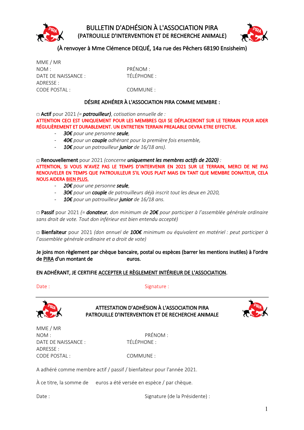 Bulletin D'adhésion À L'association Pira (Patrouille D'intervention Et De Recherche Animale)