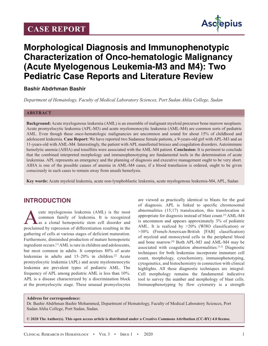 Acute Myelogenous Leukemia-M3 and M4): Two Pediatric Case Reports and Literature Review Bashir Abdrhman Bashir