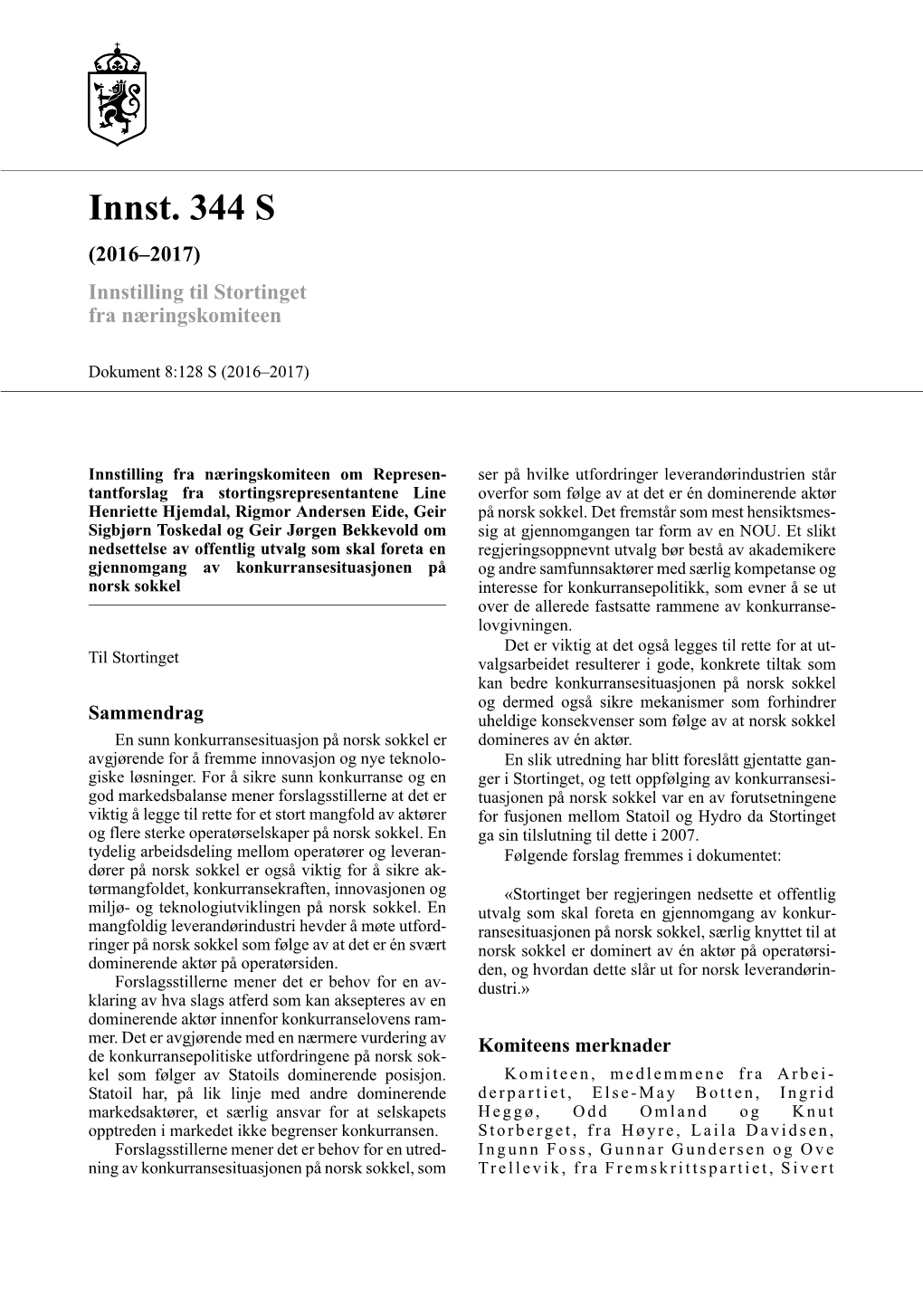 Innst. 344 S (2016–2017) Innstilling Til Stortinget Fra Næringskomiteen