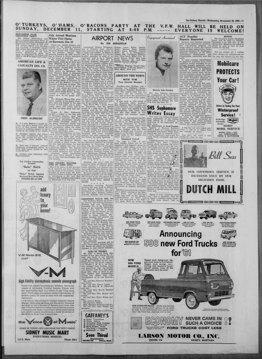 The Sidney Herald—Wednesday, November 30, 1960—11 O’ TURKEYS, O’ HAMS, O’BACONS PARTY at the V.F.W