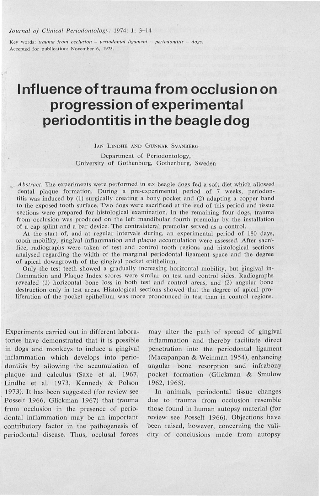 Influence of Trauma from Occlusion on Progression of Experimental Periodontitis in the Beagle Dog