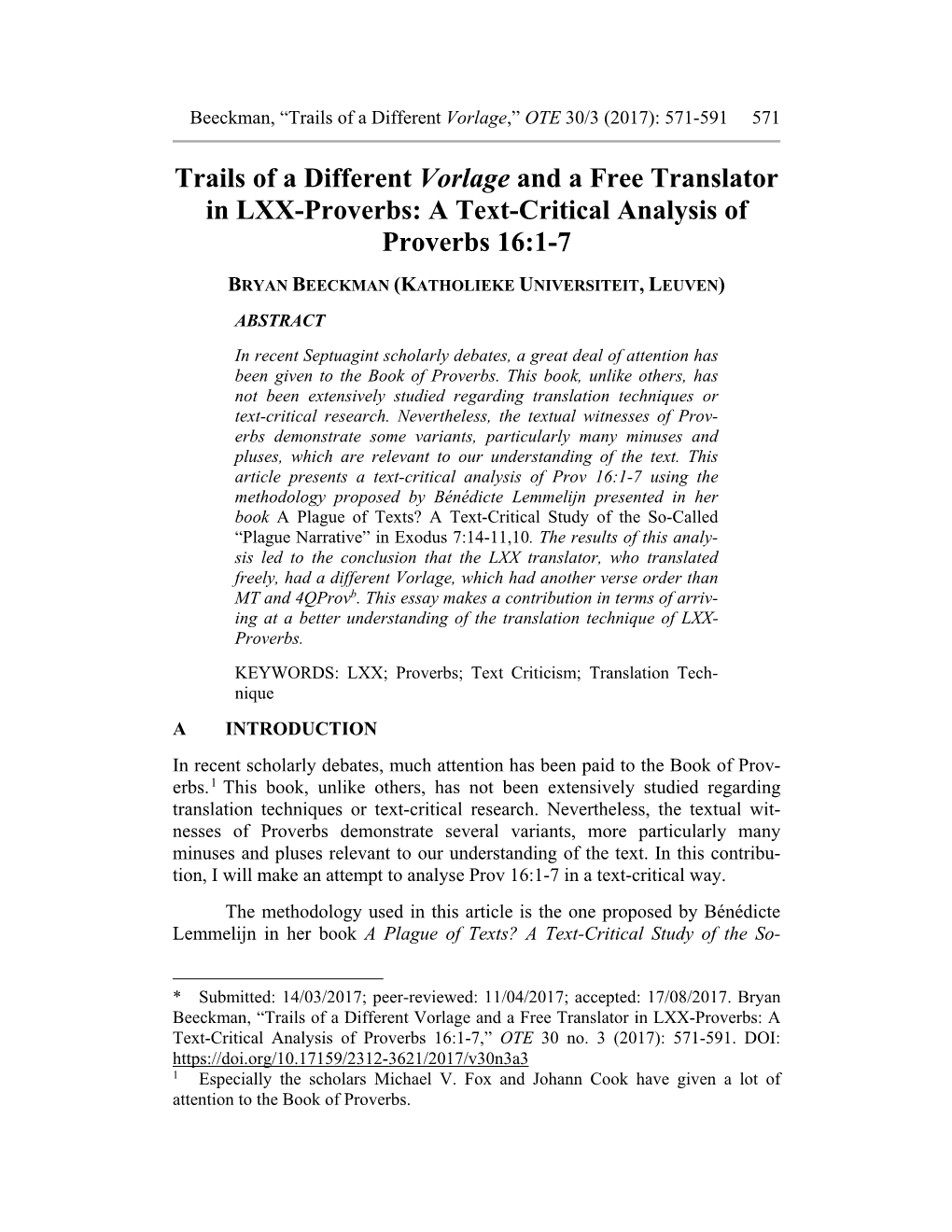 Trails of a Different Vorlage and a Free Translator in LXX-Proverbs: a Text-Critical Analysis of Proverbs 16:1-7