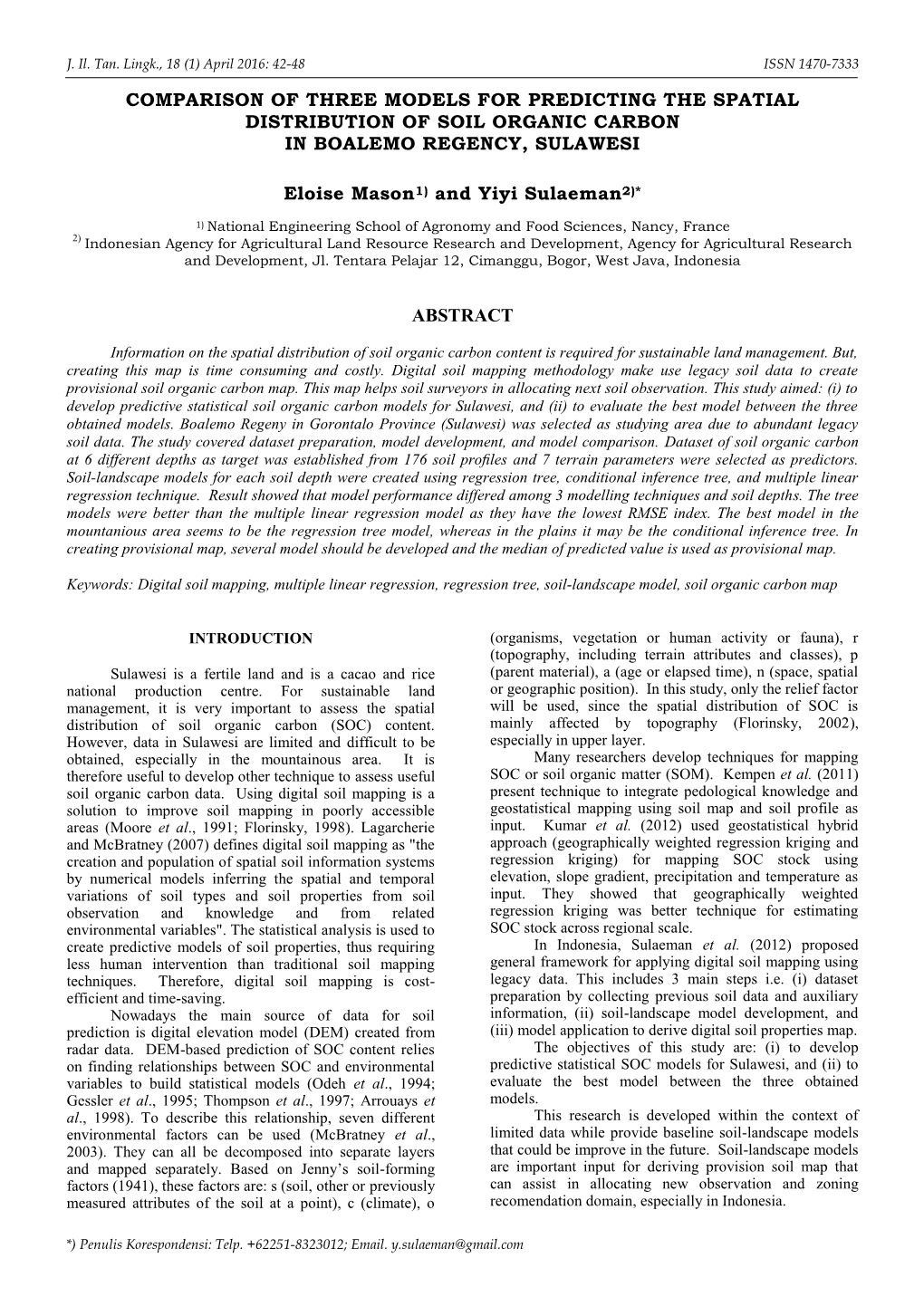 Comparison of Three Models for Predicting the Spatial Distribution of Soil Organic Carbon in Boalemo Regency, Sulawesi