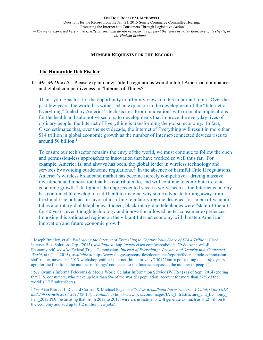 Please Explain How Title II Regulations Would Inhibit American Dominance and Global Competitiveness in “Internet of Things?”