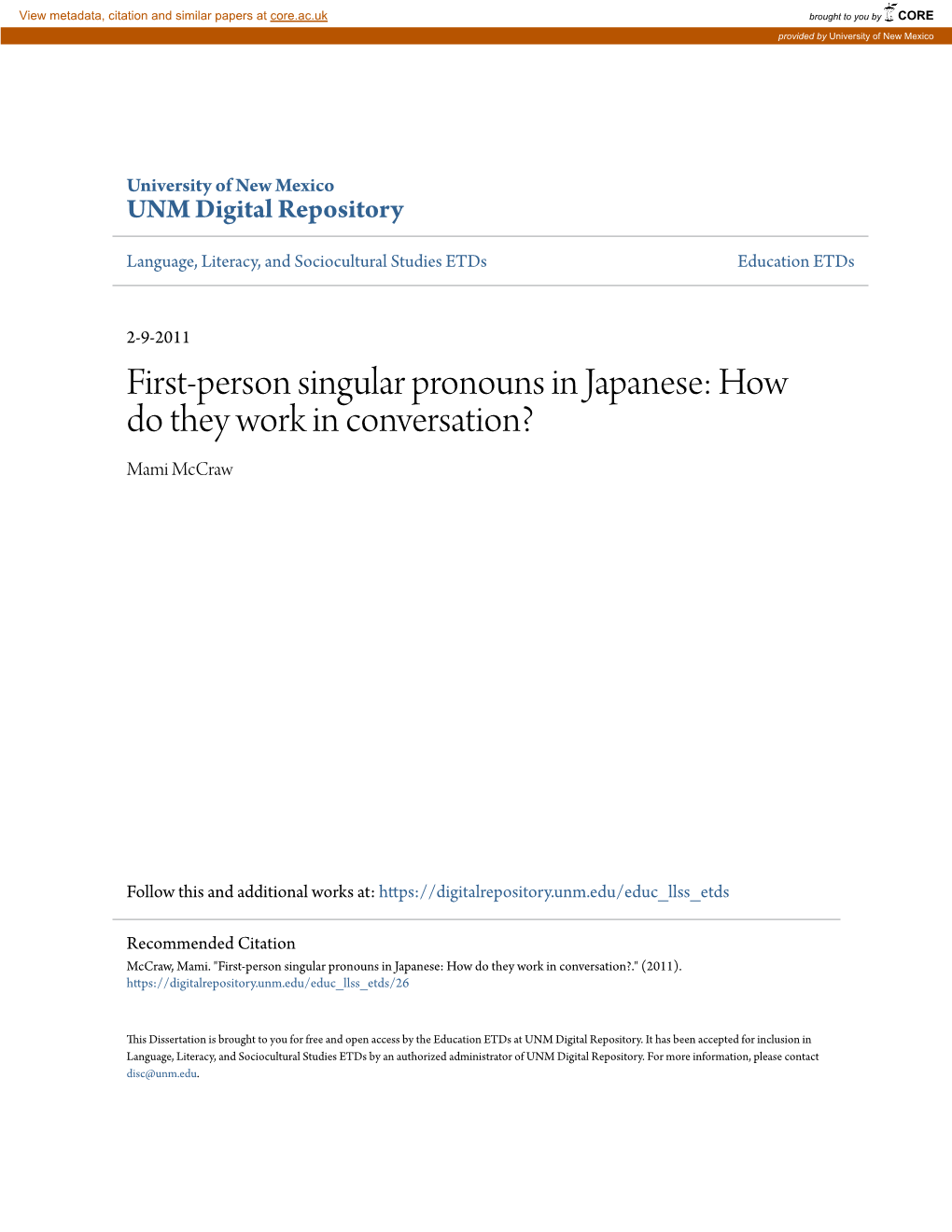 First-Person Singular Pronouns in Japanese: How Do They Work in Conversation? Mami Mccraw