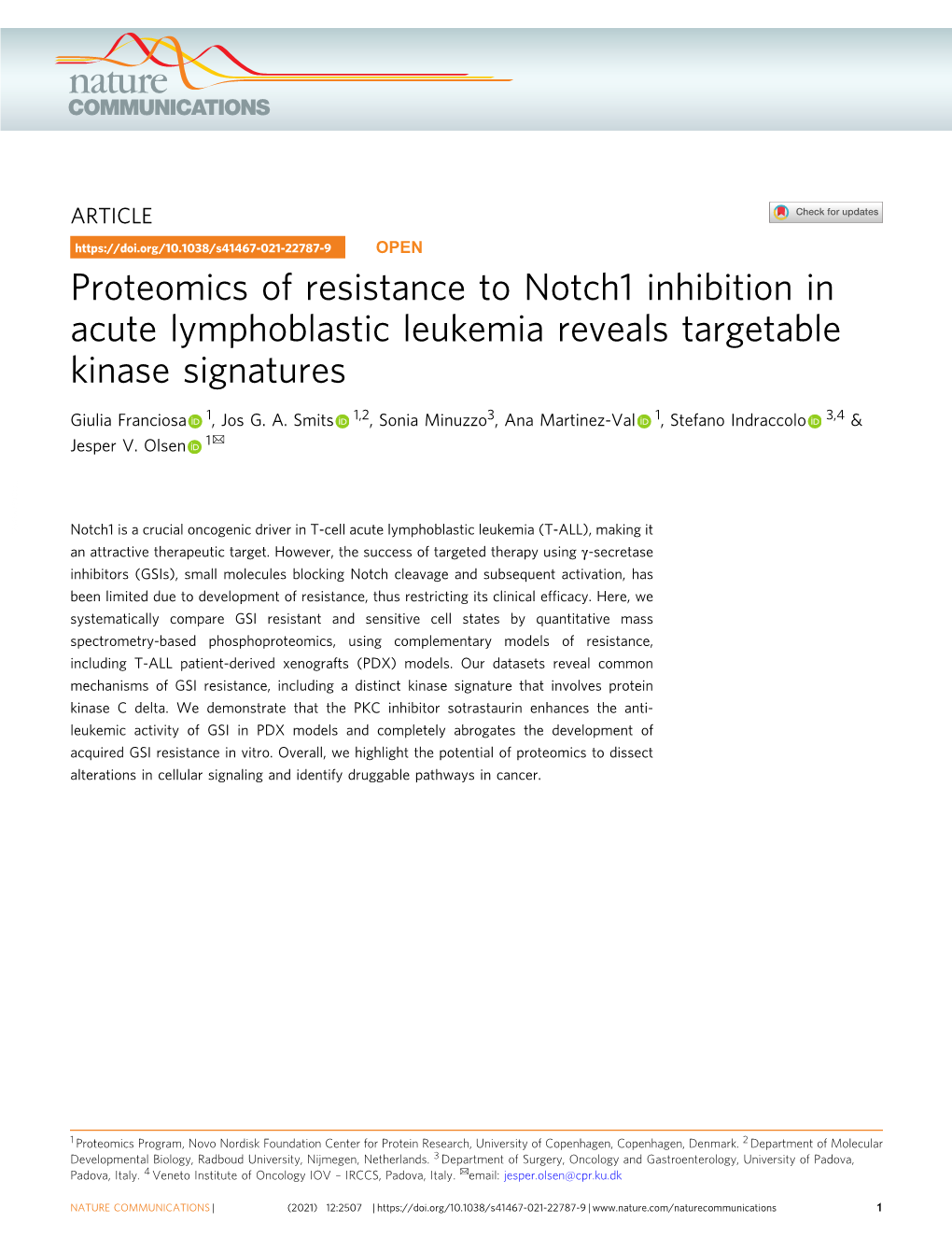 Proteomics of Resistance to Notch1 Inhibition in Acute Lymphoblastic Leukemia Reveals Targetable Kinase Signatures