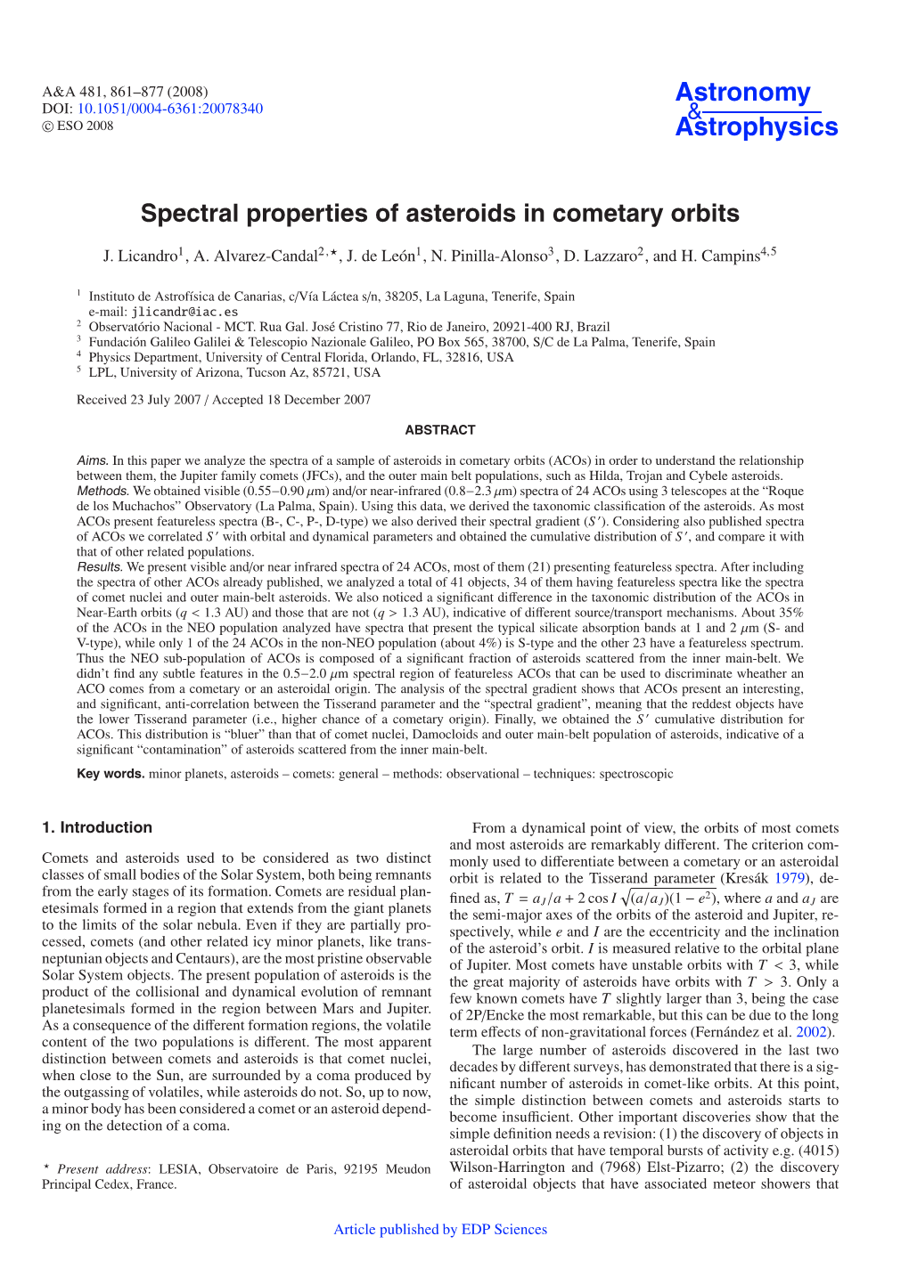 Spectral Properties of Asteroids in Cometary Orbits
