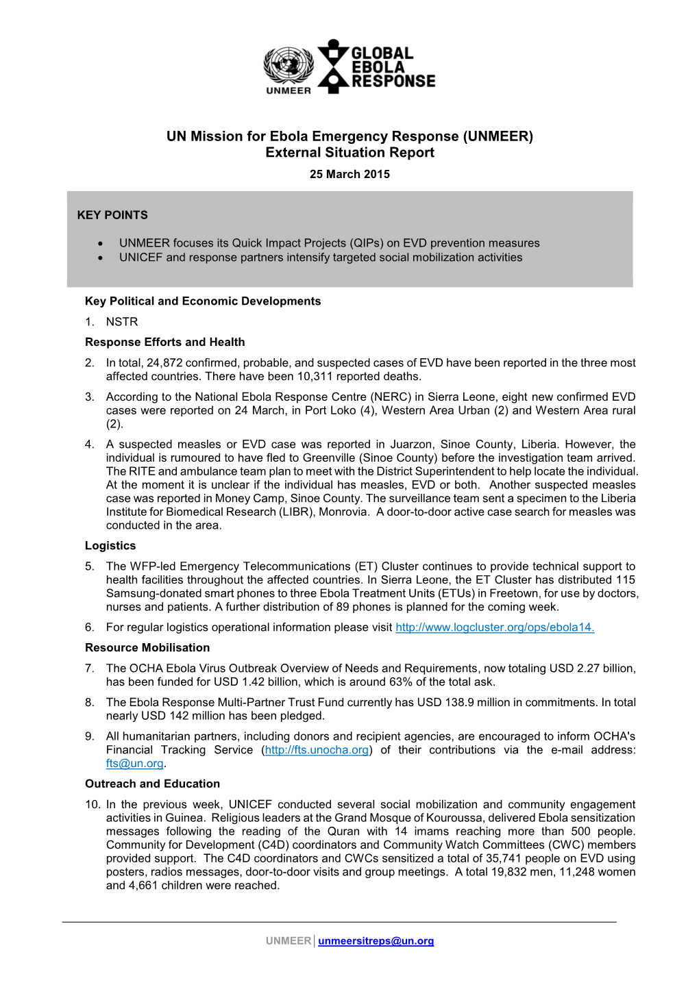 UN Mission for Ebola Emergency Response (UNMEER) External Situation Report 25 March 2015