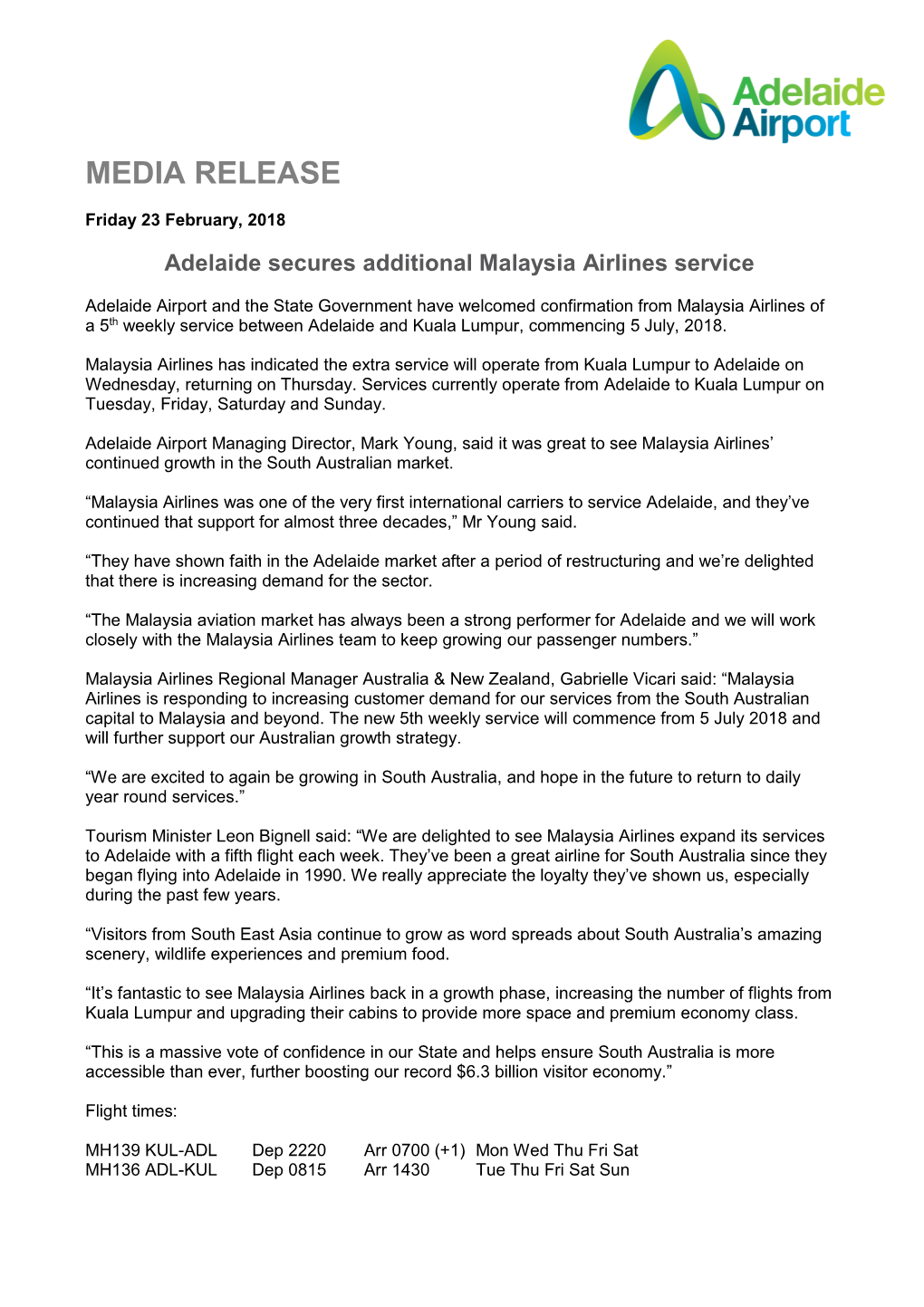 Adelaide Secures Additional Malaysia Airlines Service