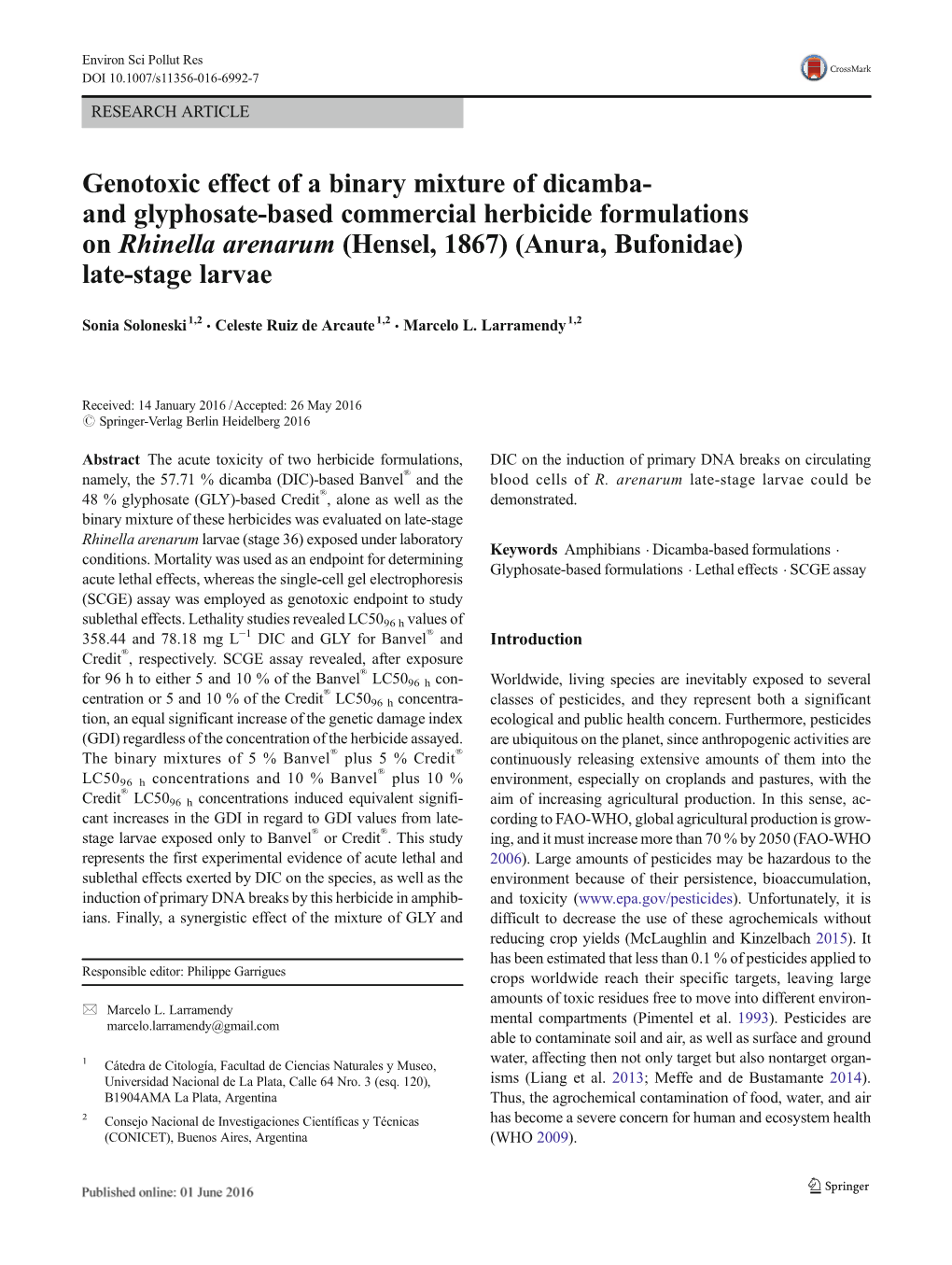 Genotoxic Effect of a Binary Mixture of Dicamba- and Glyphosate-Based