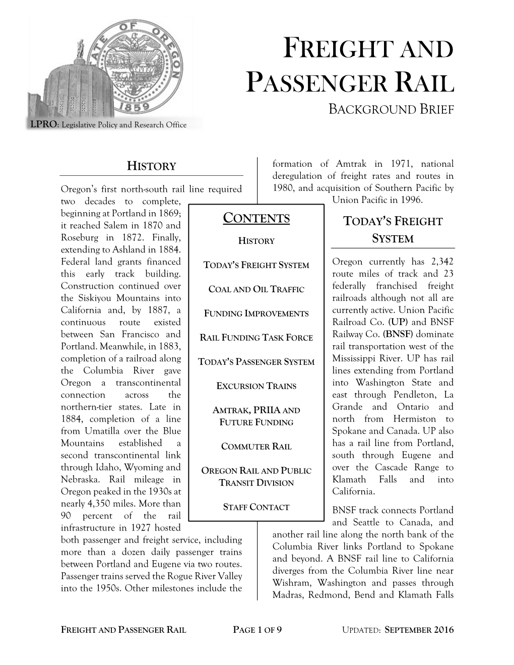FREIGHT and PASSENGER RAIL BACKGROUND BRIEF LPRO: Legislative Policy and Research Office