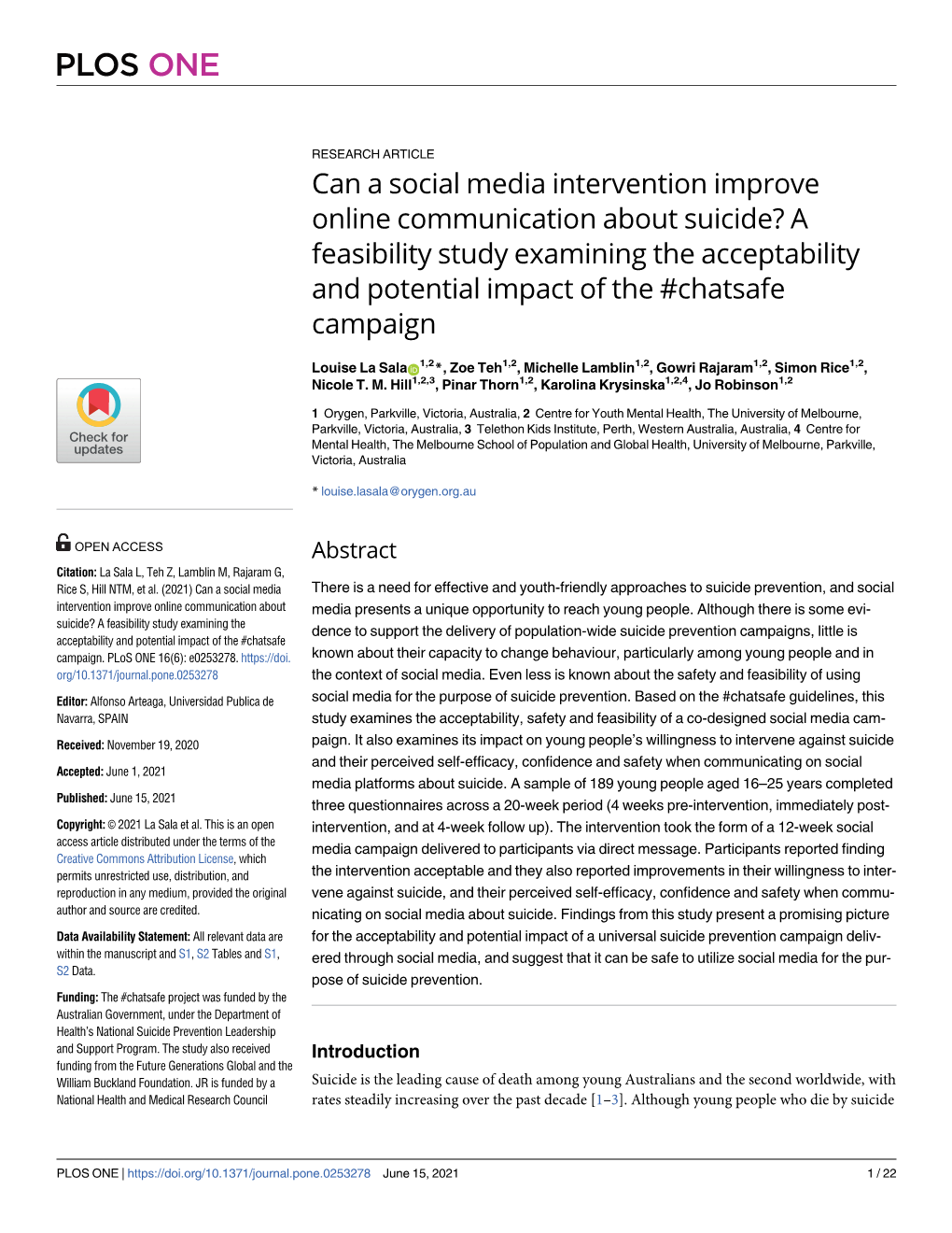A Feasibility Study Examining the Acceptability and Potential Impact of the #Chatsafe Campaign