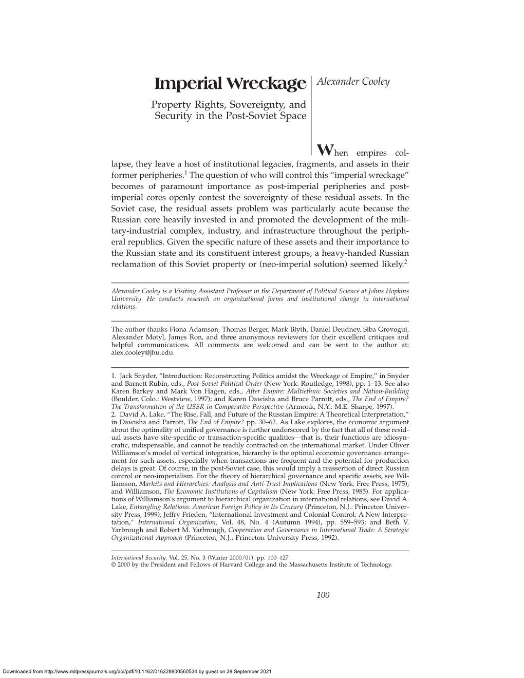 Imperial Wreckage Alexander Cooley Property Rights, Sovereignty, and Security in the Post-Soviet Space