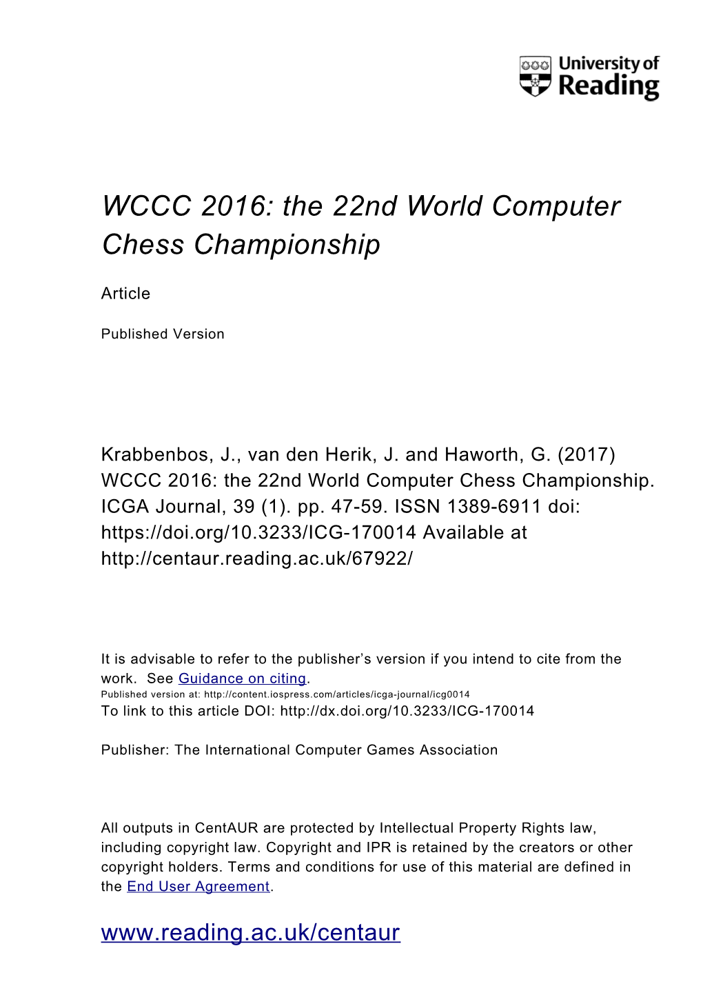 WCCC 2016: the 22Nd World Computer Chess Championship