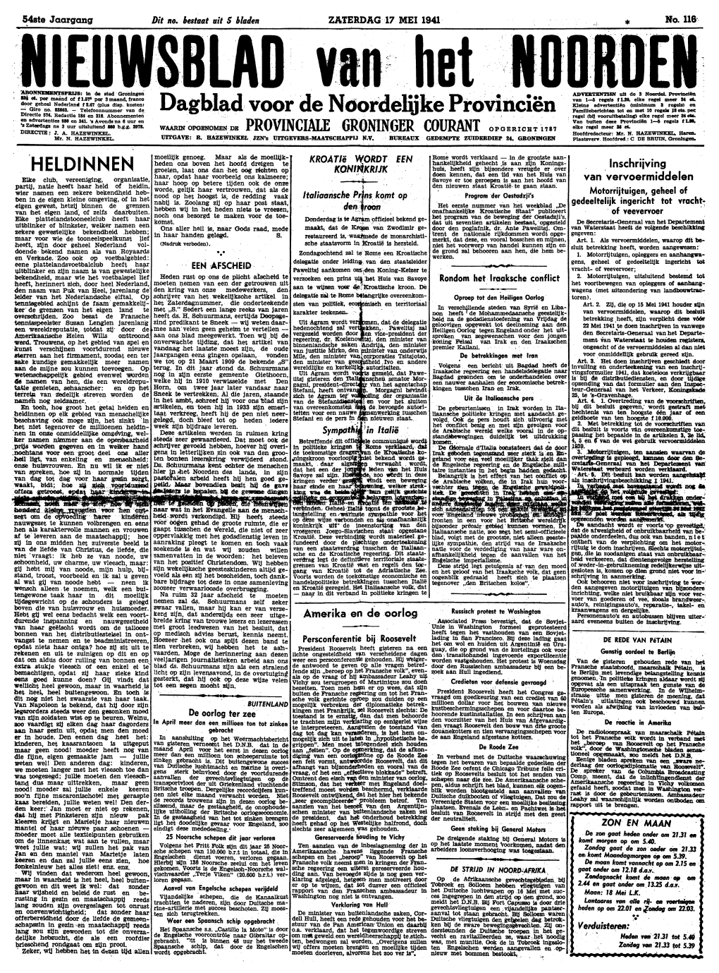 Nieuwsblad Van Het Noorden Van Zaterdag 17 Mei 1941 Eerste Blad De Aanvallen Op Engeland De St
