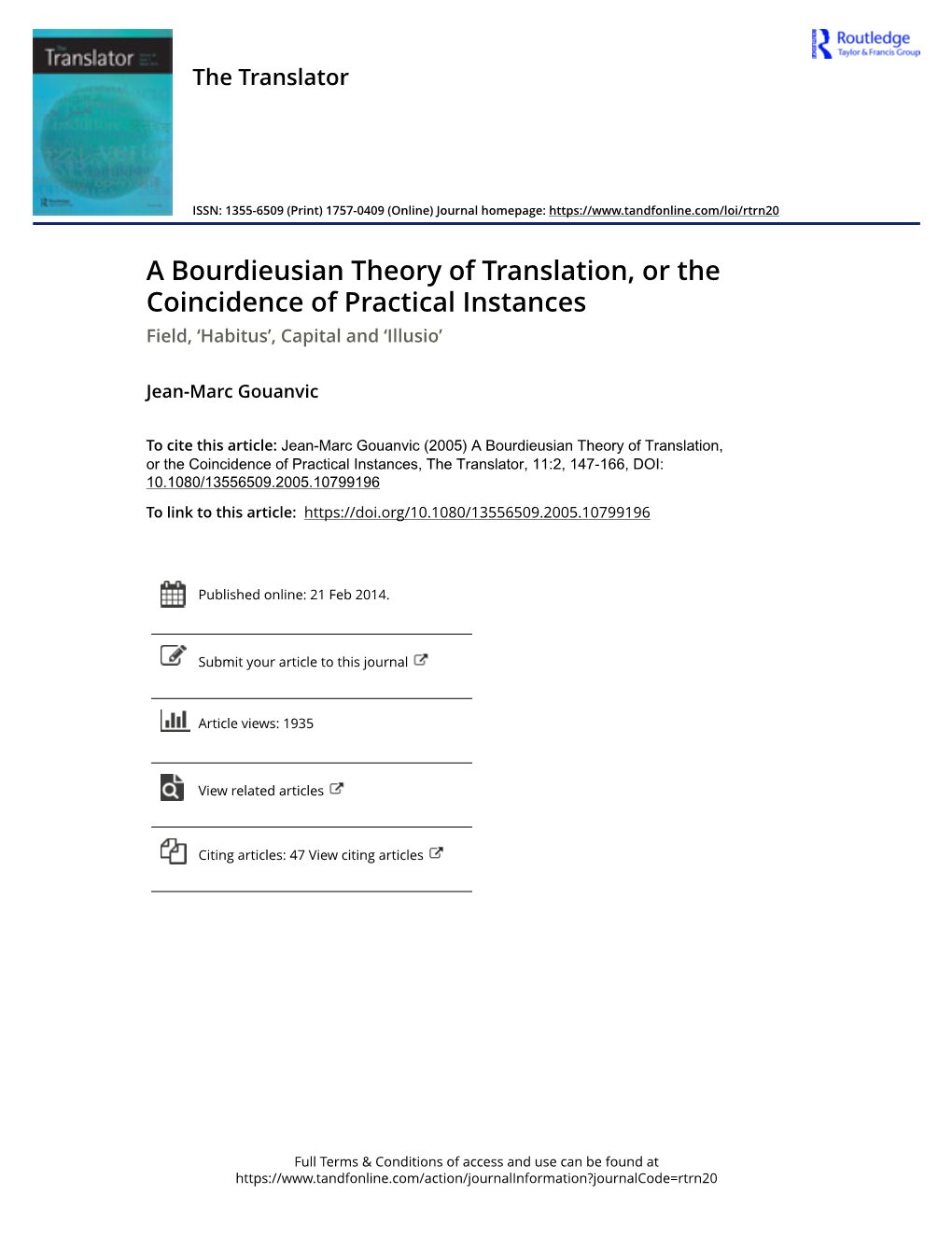 A Bourdieusian Theory of Translation, Or the Coincidence of Practical Instances Field, ‘Habitus’, Capital and ‘Illusio’