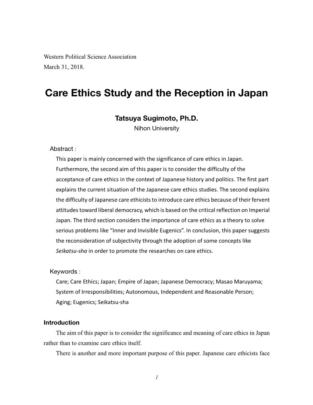 Care Ethics Study and the Reception in Japan