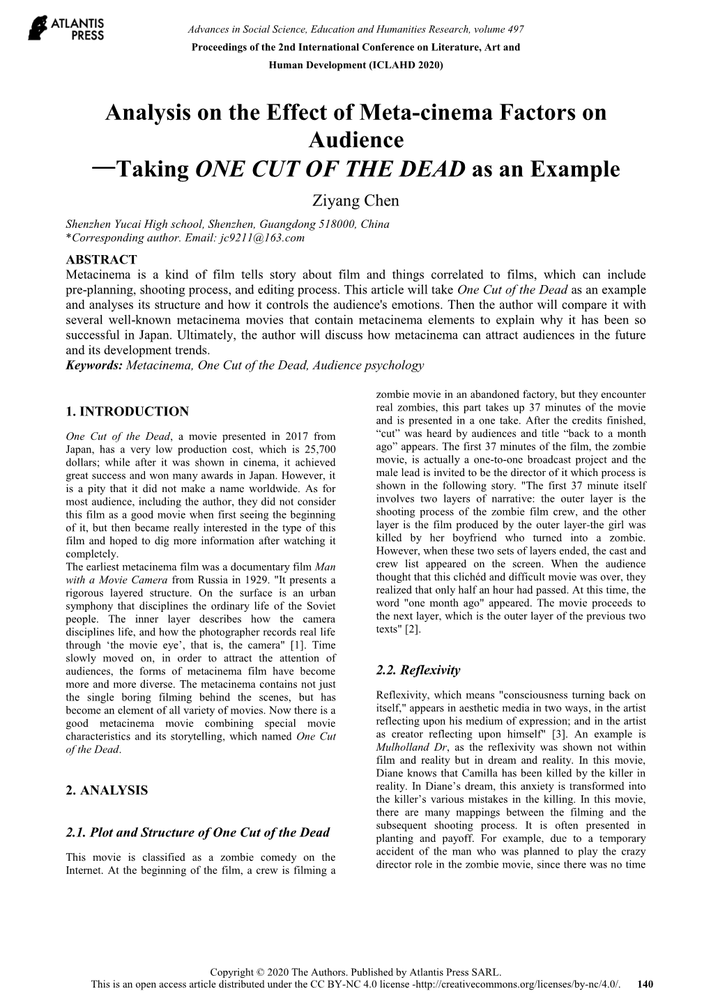 Analysis on the Effect of Meta-Cinema Factors on Audience —Taking ONE CUT of the DEAD As an Example