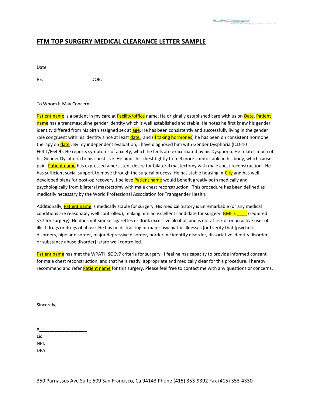 Ftm Top Surgery Medical Clearance Letter Sample