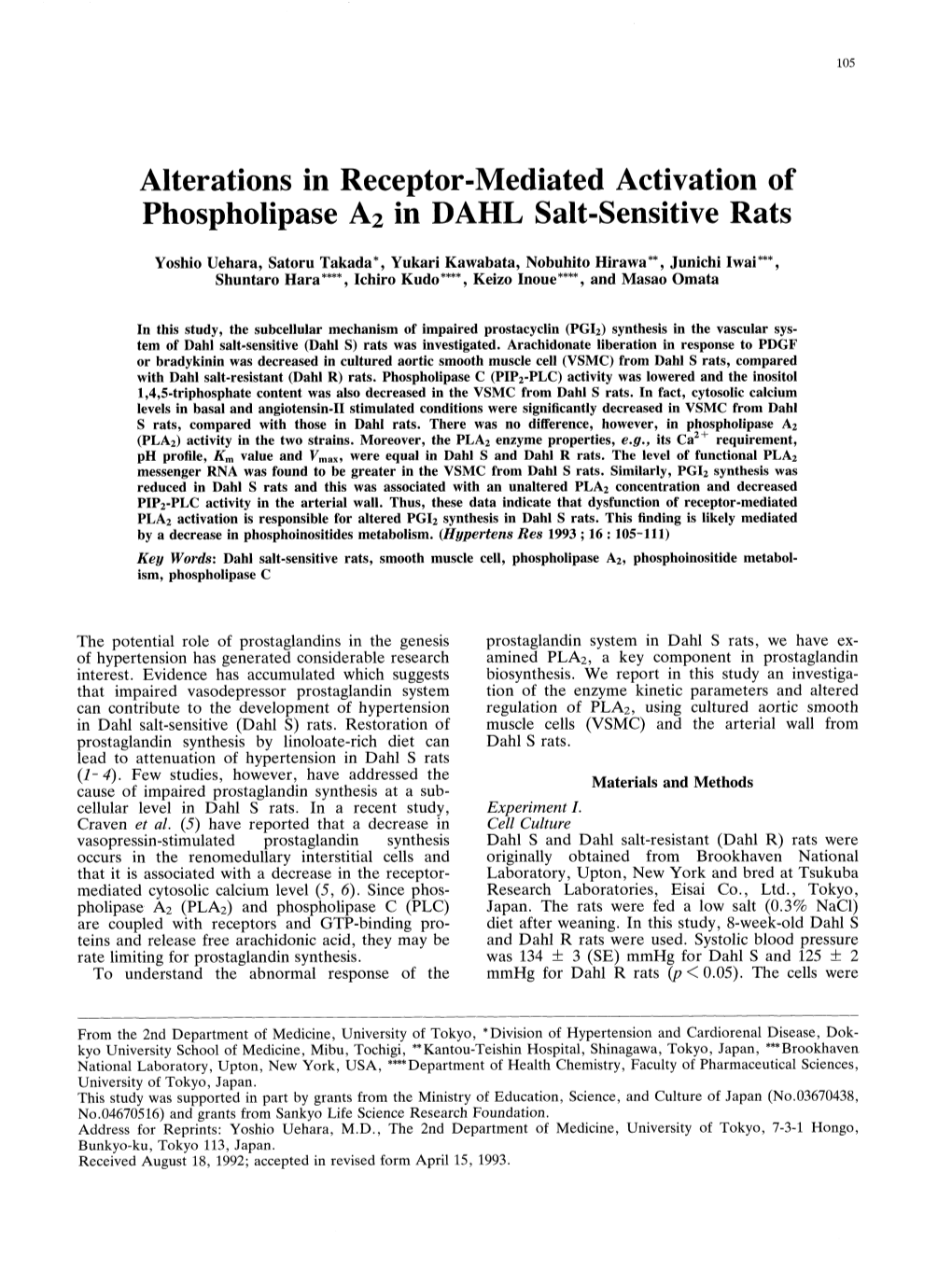 Alterations in Receptor-Mediated Activation of Phospholipase AZ in DAHL Salt-Sensitive Rats