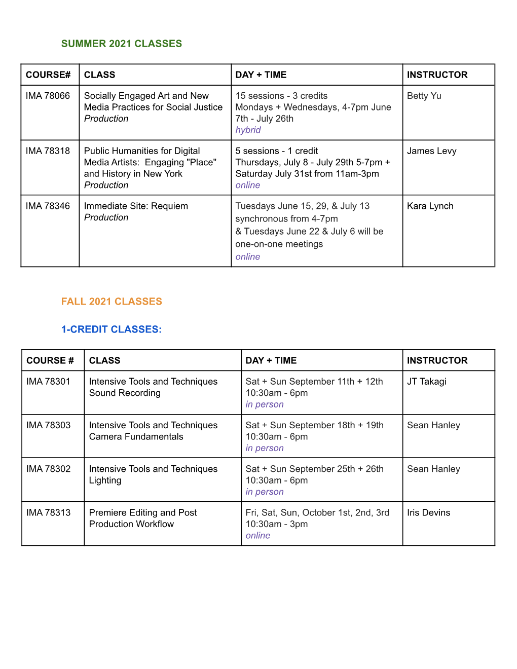 IMAMFA SUMMER + Fall 2021 Courses