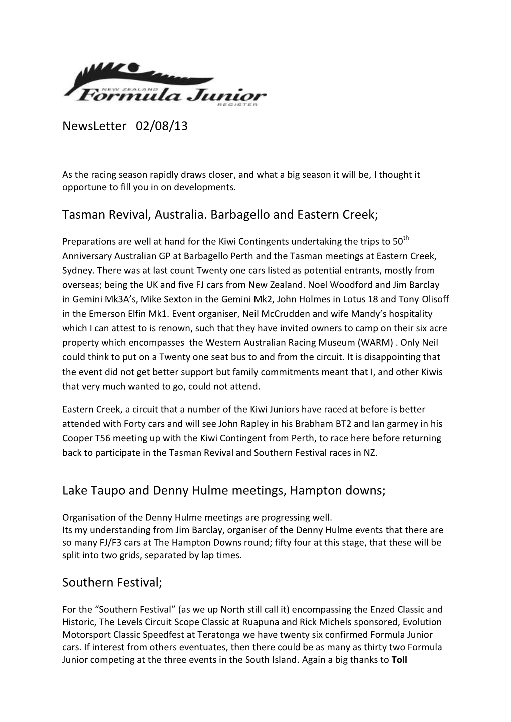 Newsletter 02/08/13 Tasman Revival, Australia. Barbagello And